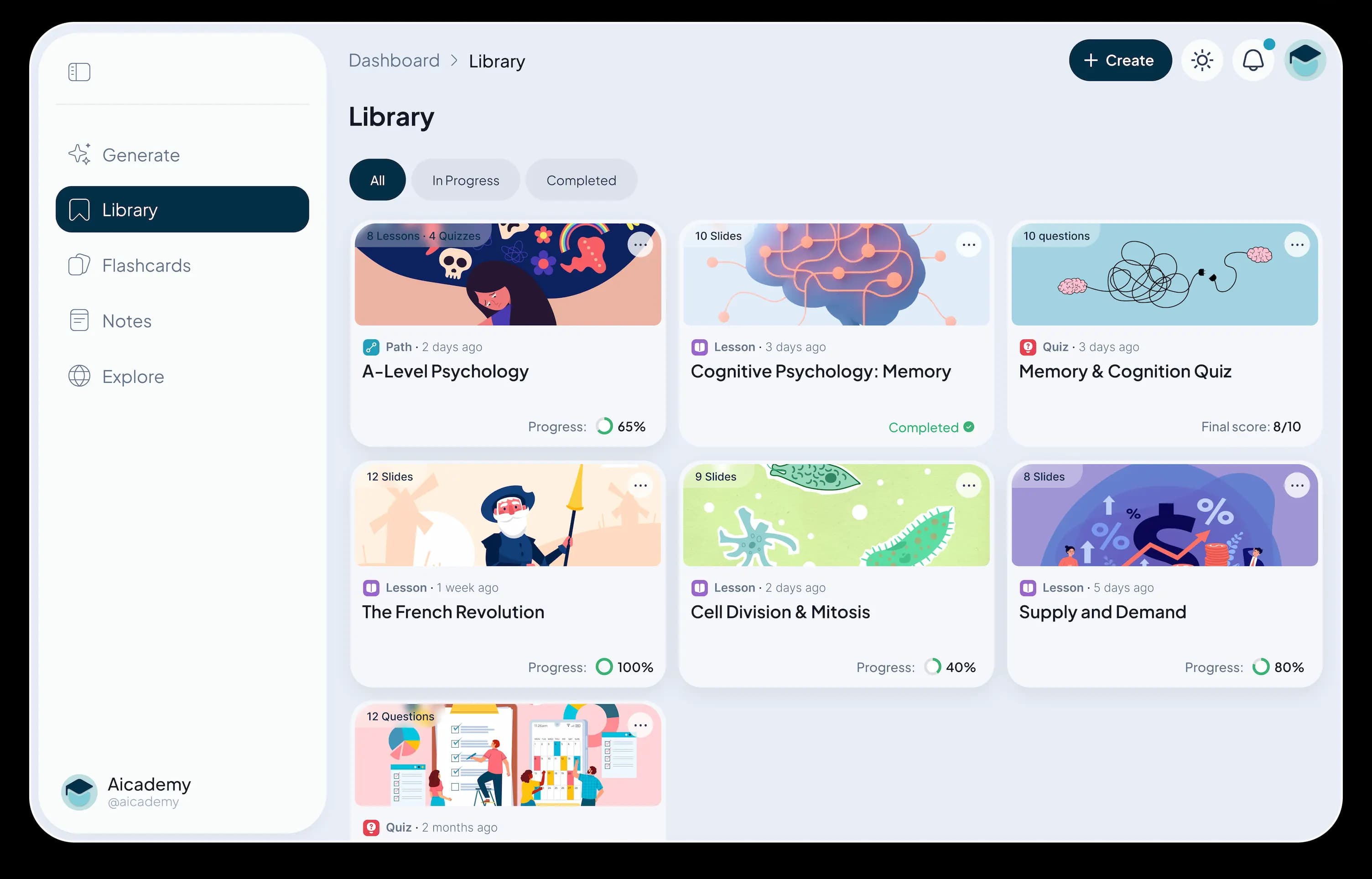Aicademy dashboard showing a saved lesson library with multiple subjects