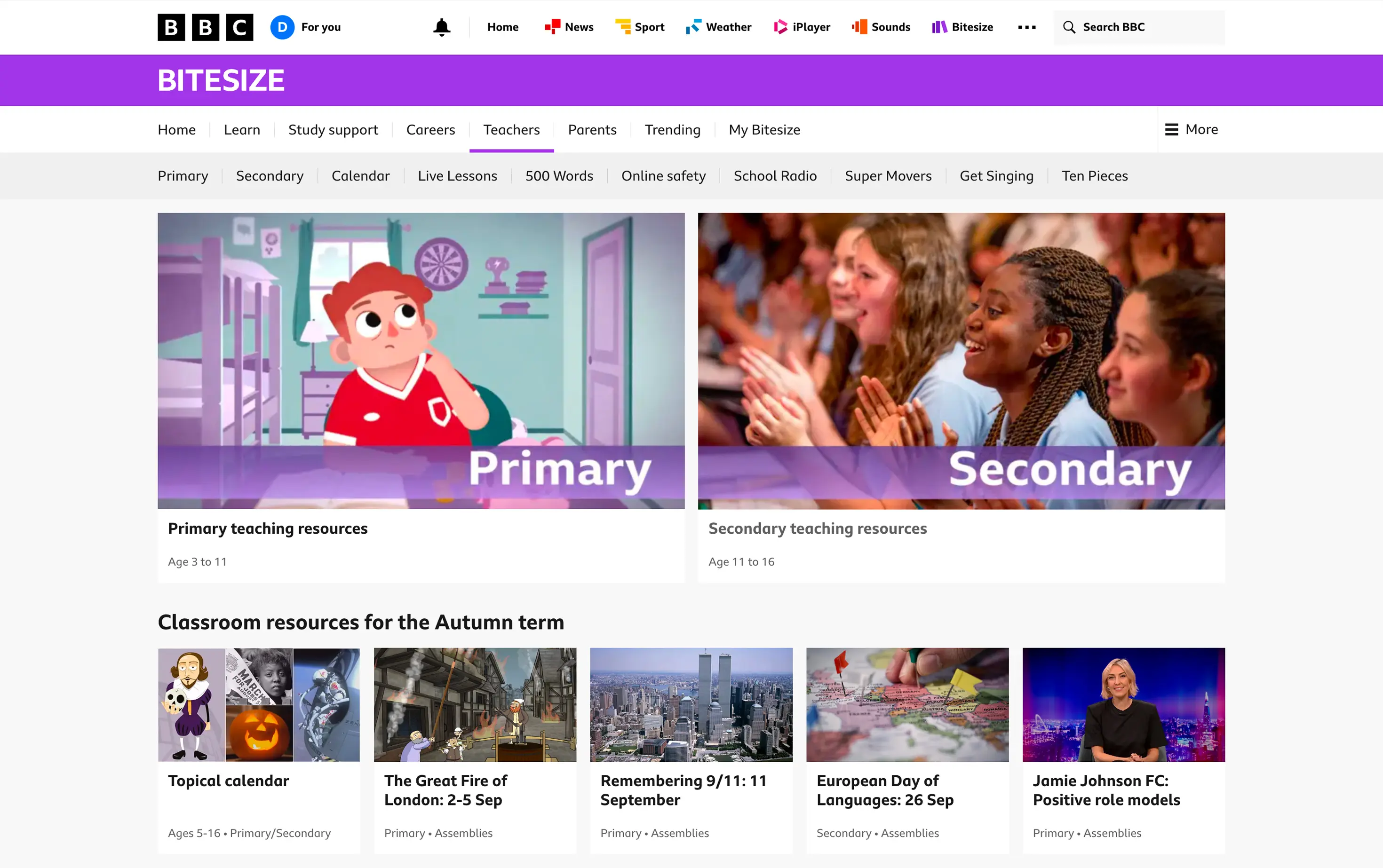 The BBC Bitesize Teachers tab, showing Primary teaching resources for ages 3 to 11 and Secondary teaching resources for ages 11 to 16, above a row of classroom resources for the autumn term