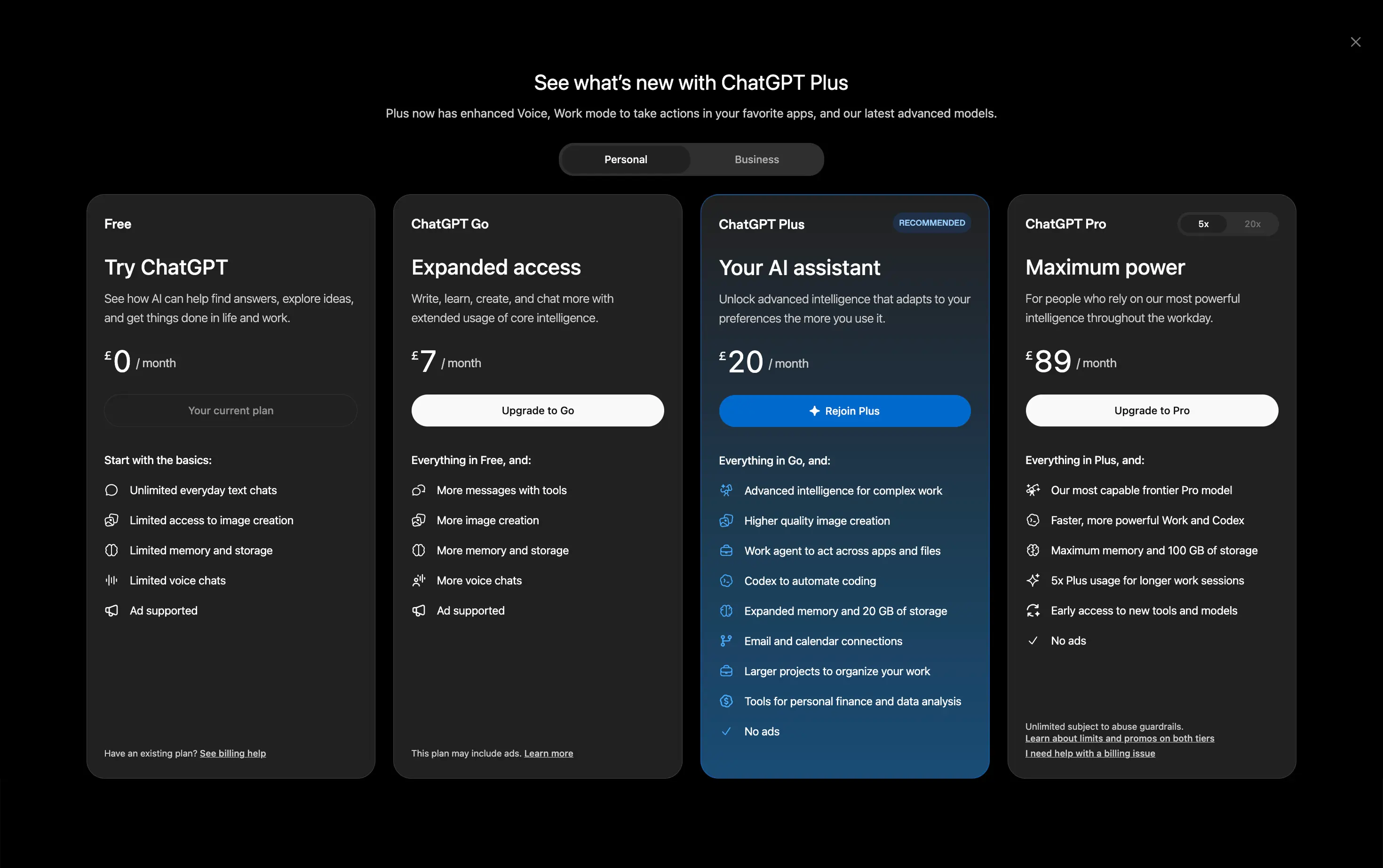 ChatGPT's personal plans screen showing Free at £0, Go at £7, Plus at £20 and Pro at £89 a month, with Free and Go both marked ad supported