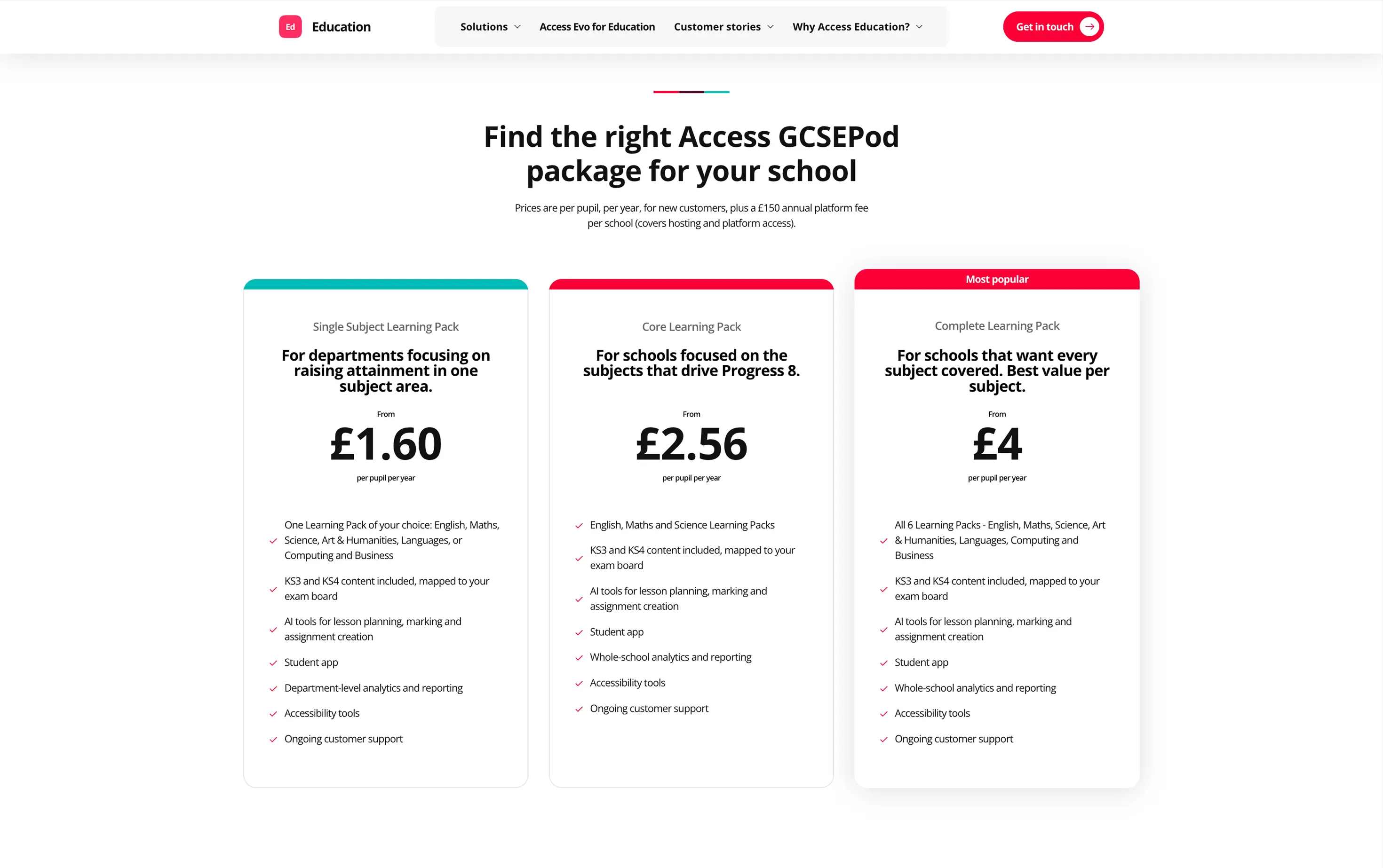 Access Education GCSEPod pricing on the per-pupil tab: Single Subject Learning Pack from £1.60 per pupil per year, Core Learning Pack from £2.56, and Complete Learning Pack from £4, each listing what the pack covers