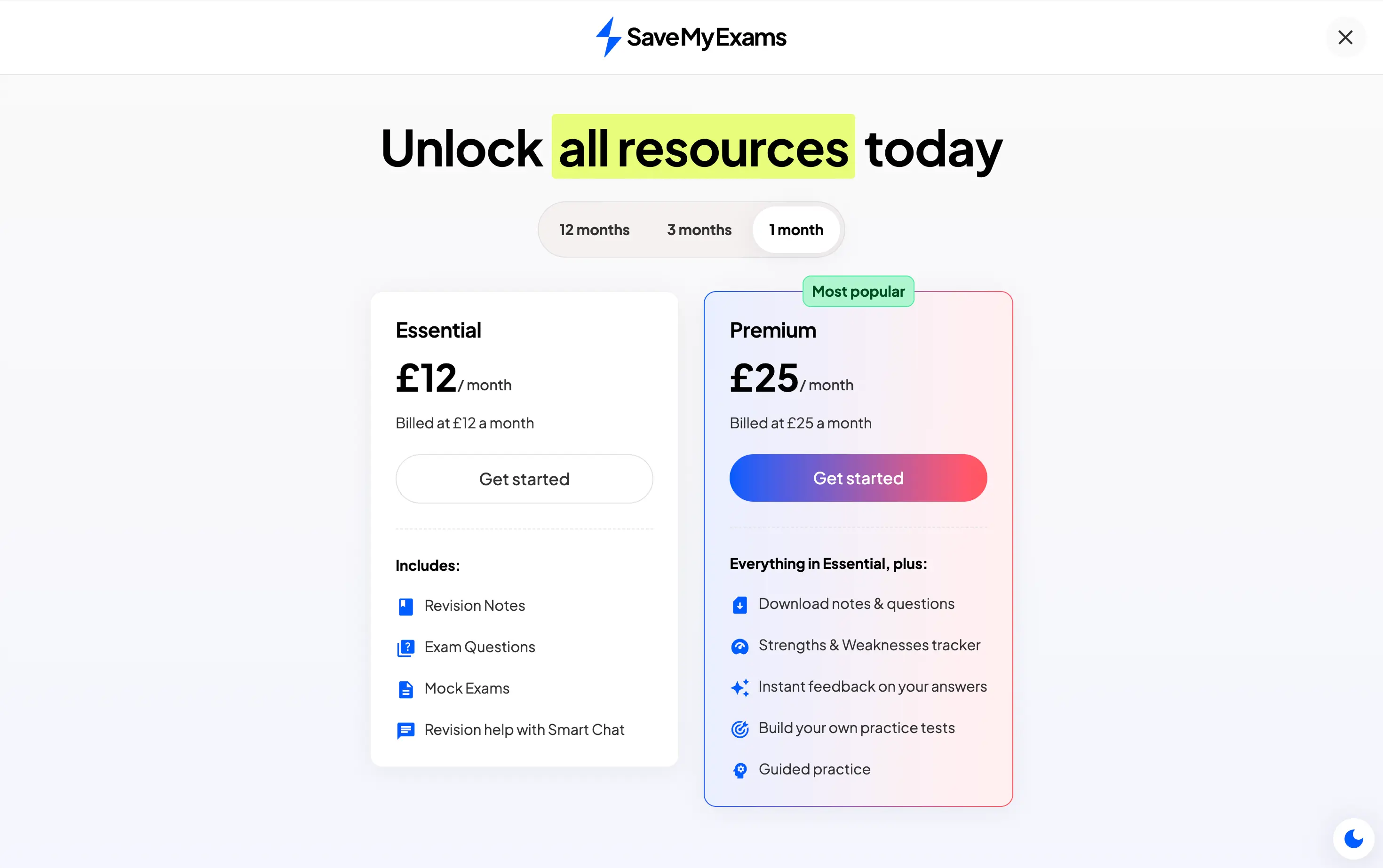 Save My Exams upgrade screen on the 1-month tab, showing Essential at £12 a month and Premium at £25 a month, each with a Get started button and no free-trial offer