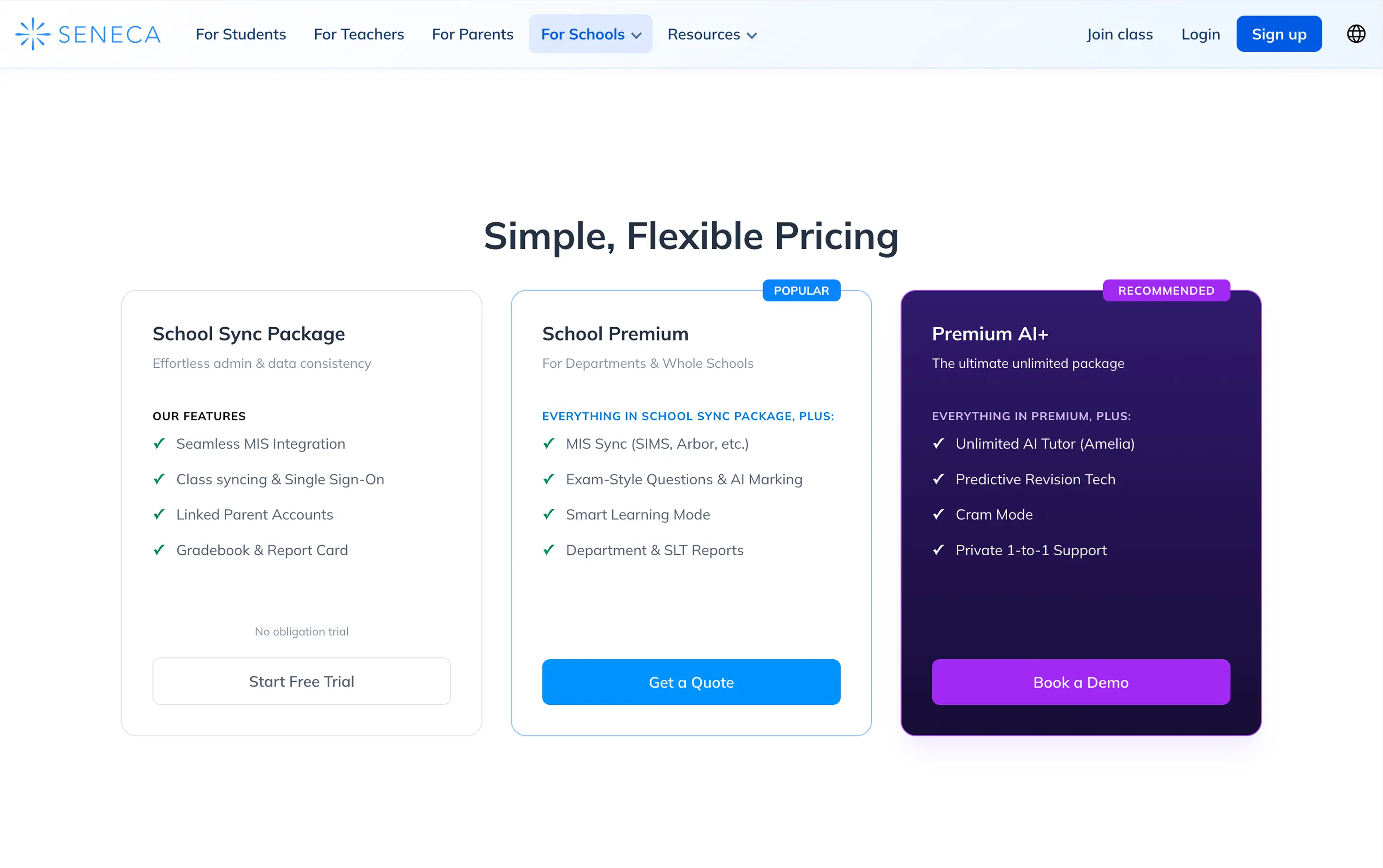 Seneca school pricing page showing three tiers, School Sync Package, School Premium and Premium AI+, none of which display a price: the buttons read Start Free Trial, Get a Quote and Book a Demo