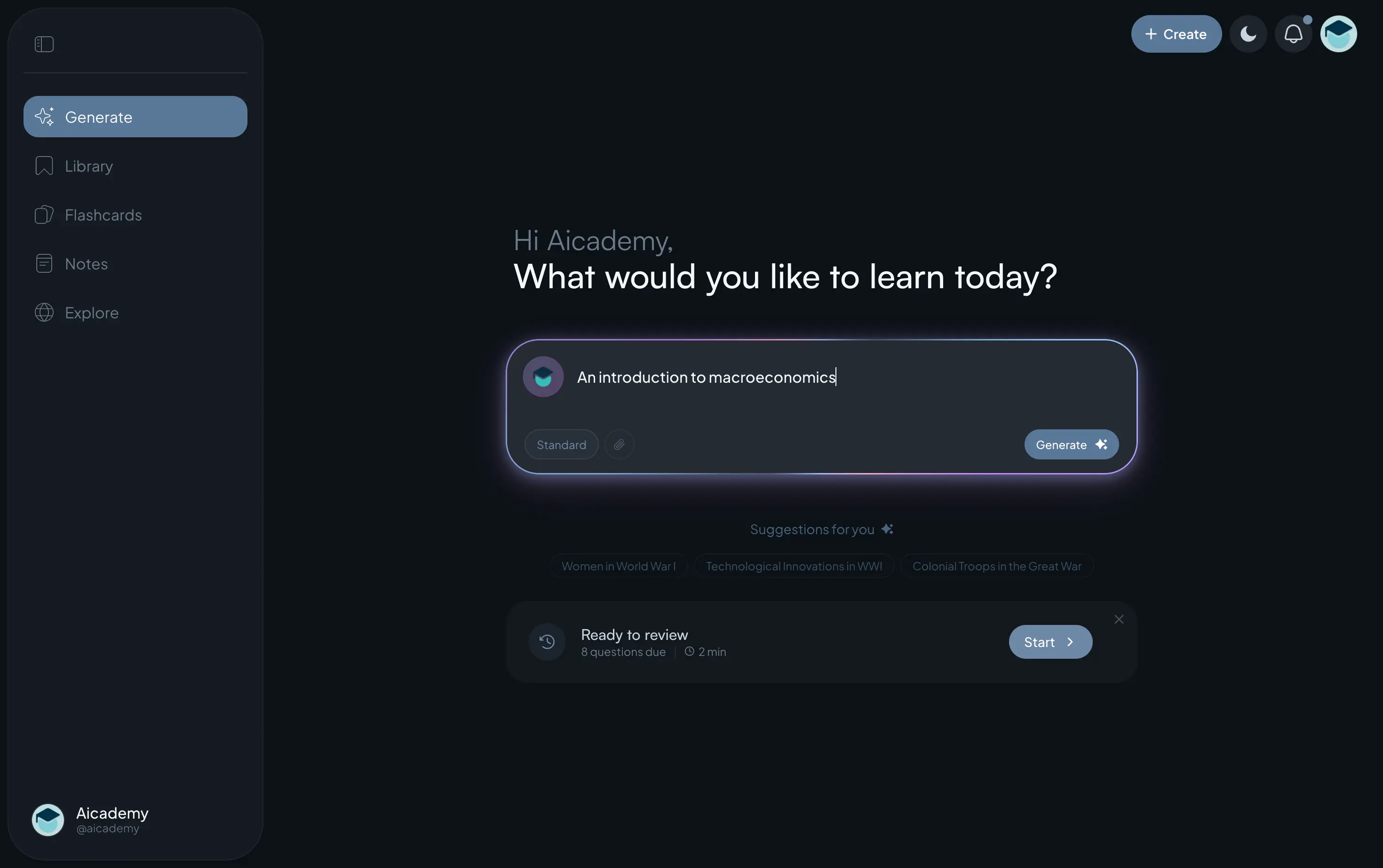Typing 'An introduction to macroeconomics' into Aicademy's generate box