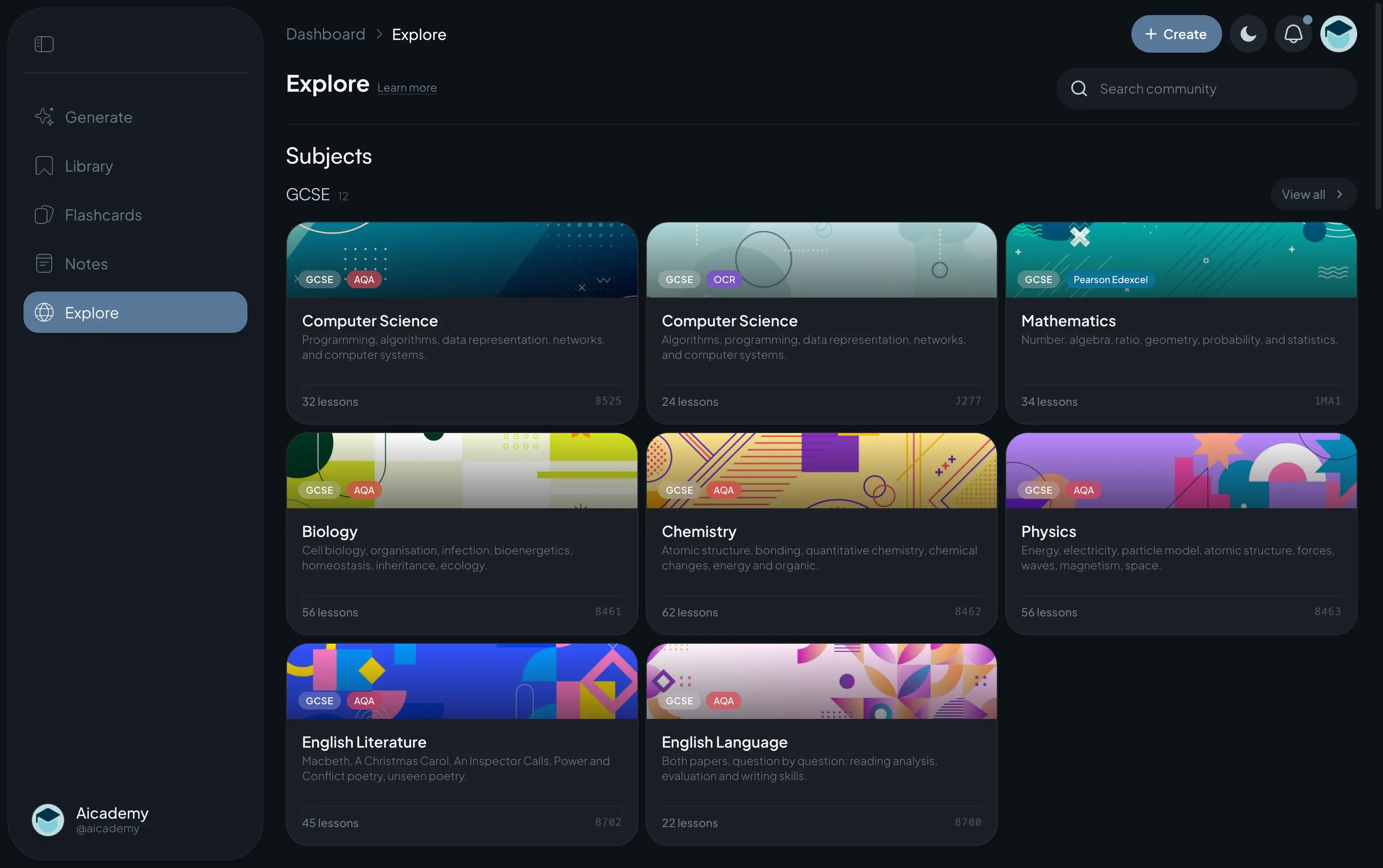 Aicademy's Explore page with free GCSE subjects you can browse yourself