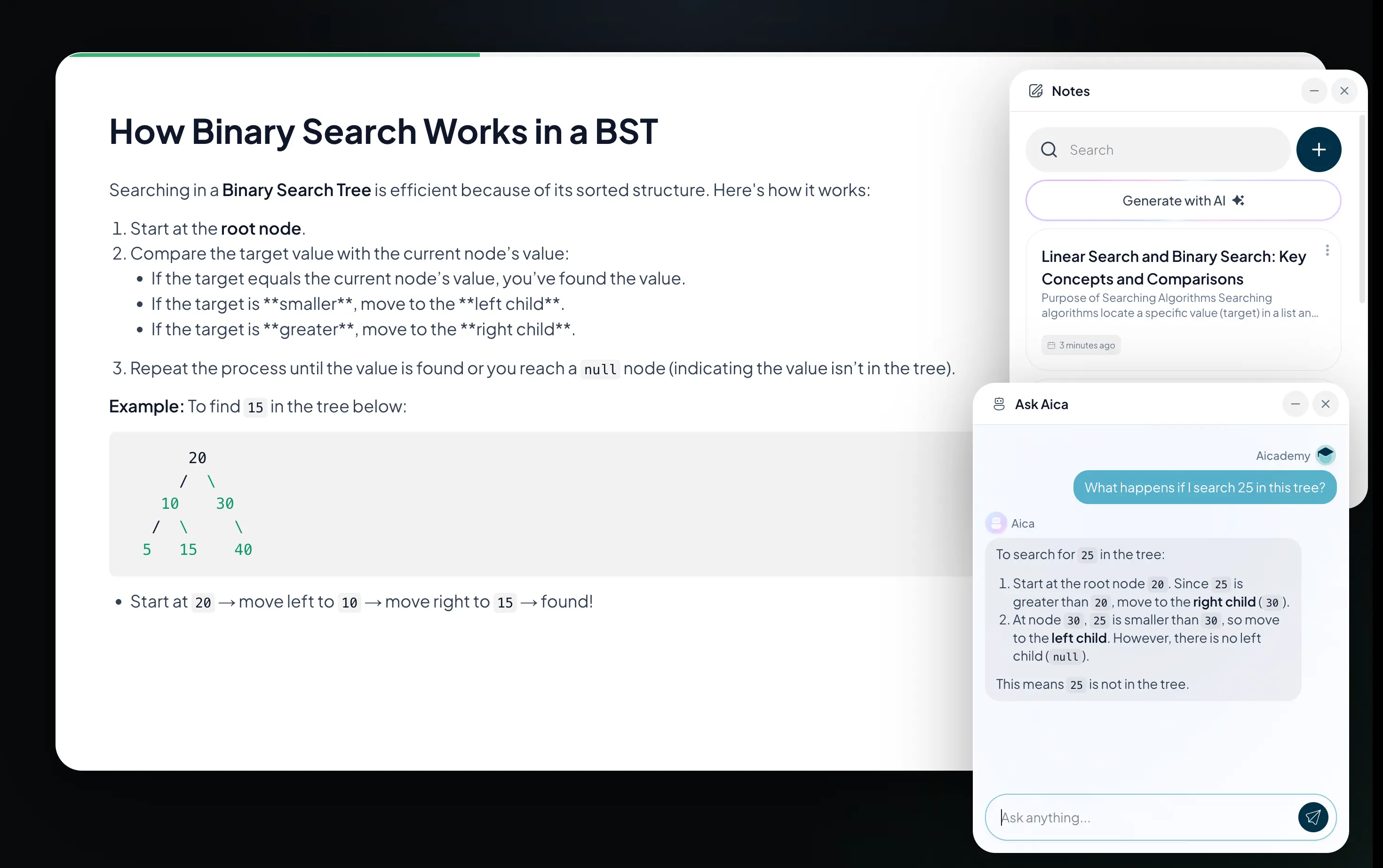 An Aicademy lesson open with the Aica tutor and a notes panel, a saved study workspace