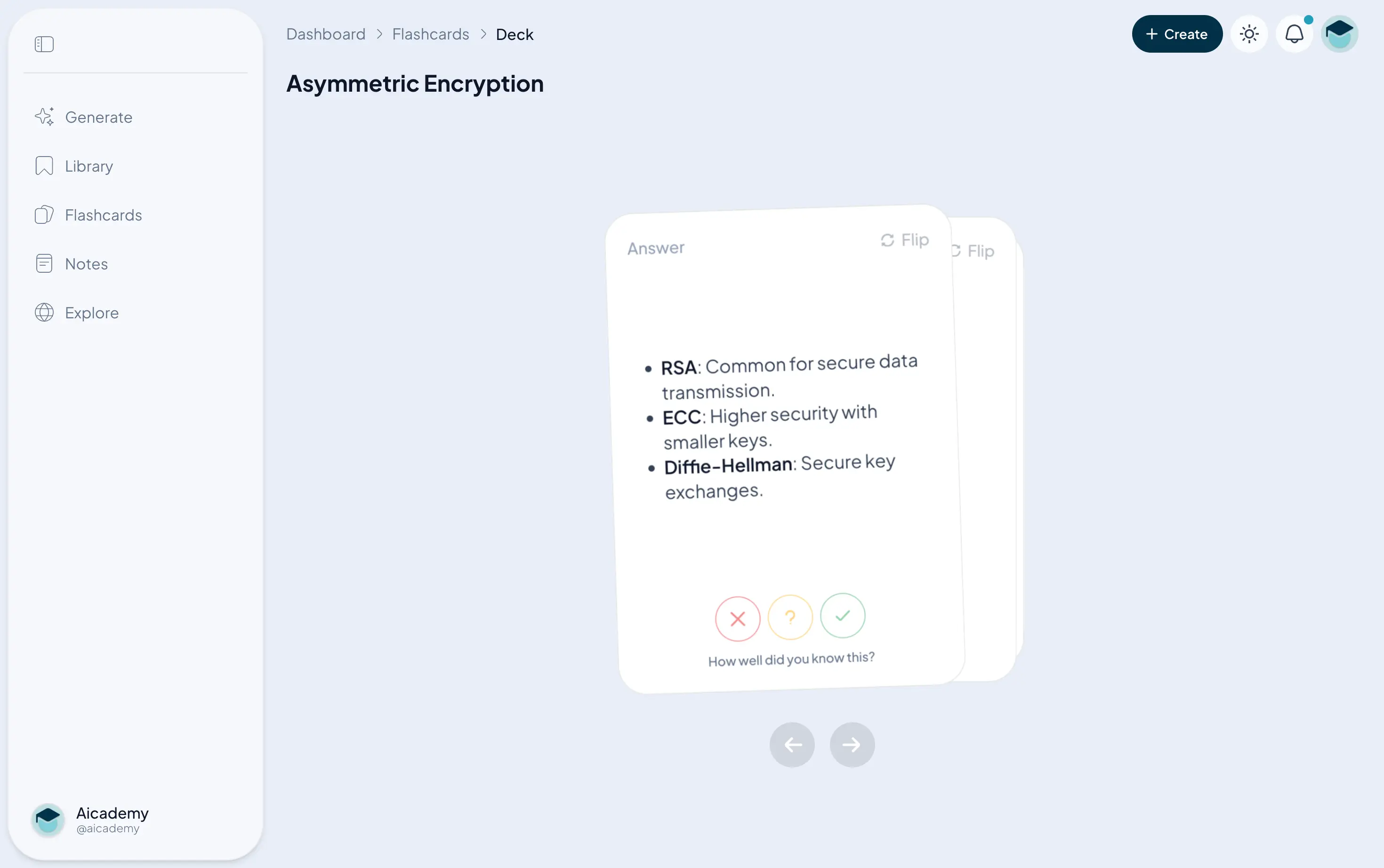 An Aicademy flashcard being reviewed and rated with spaced repetition, compared to Anki