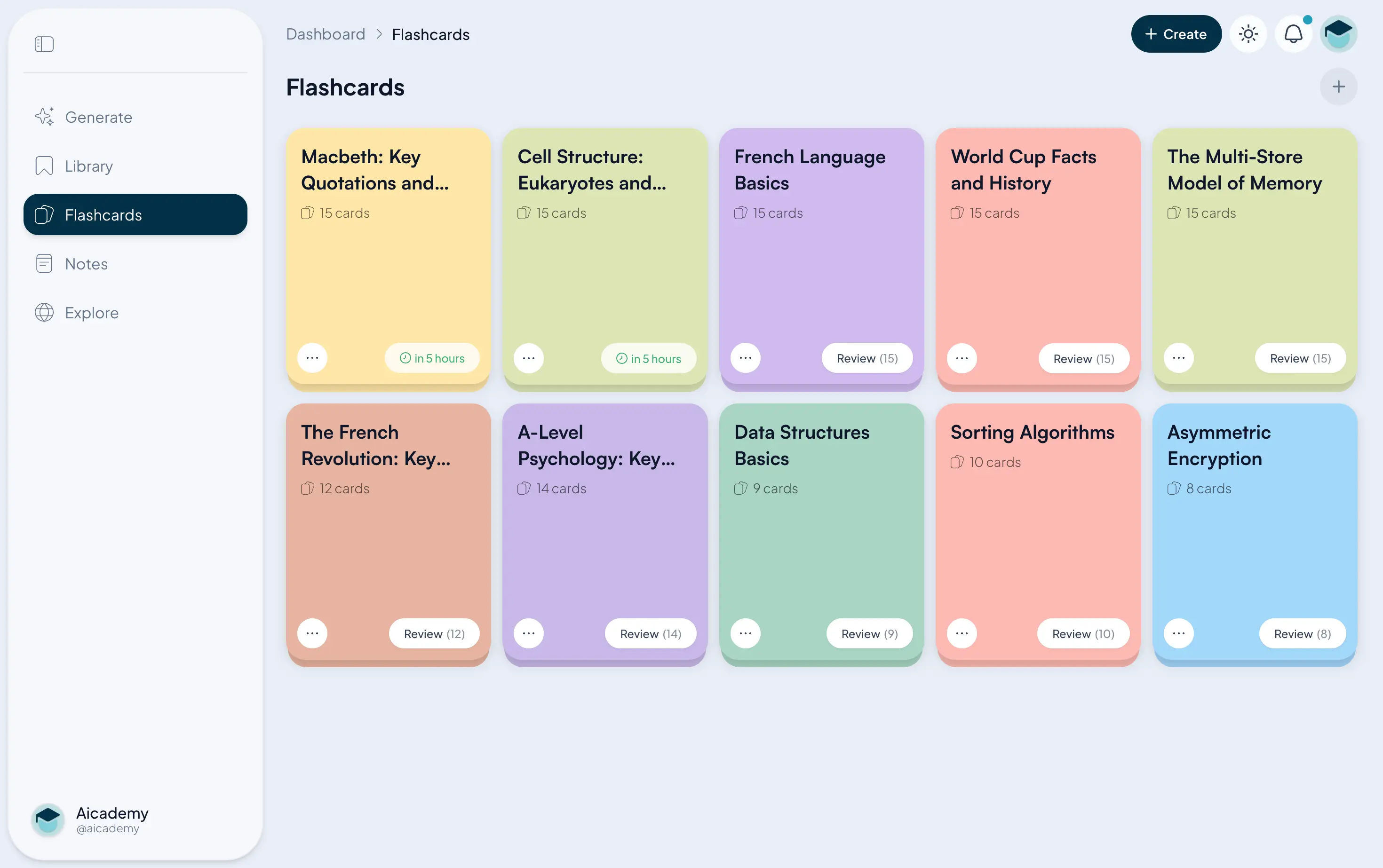 A list of Aicademy flashcard decks generated for free from topics and notes