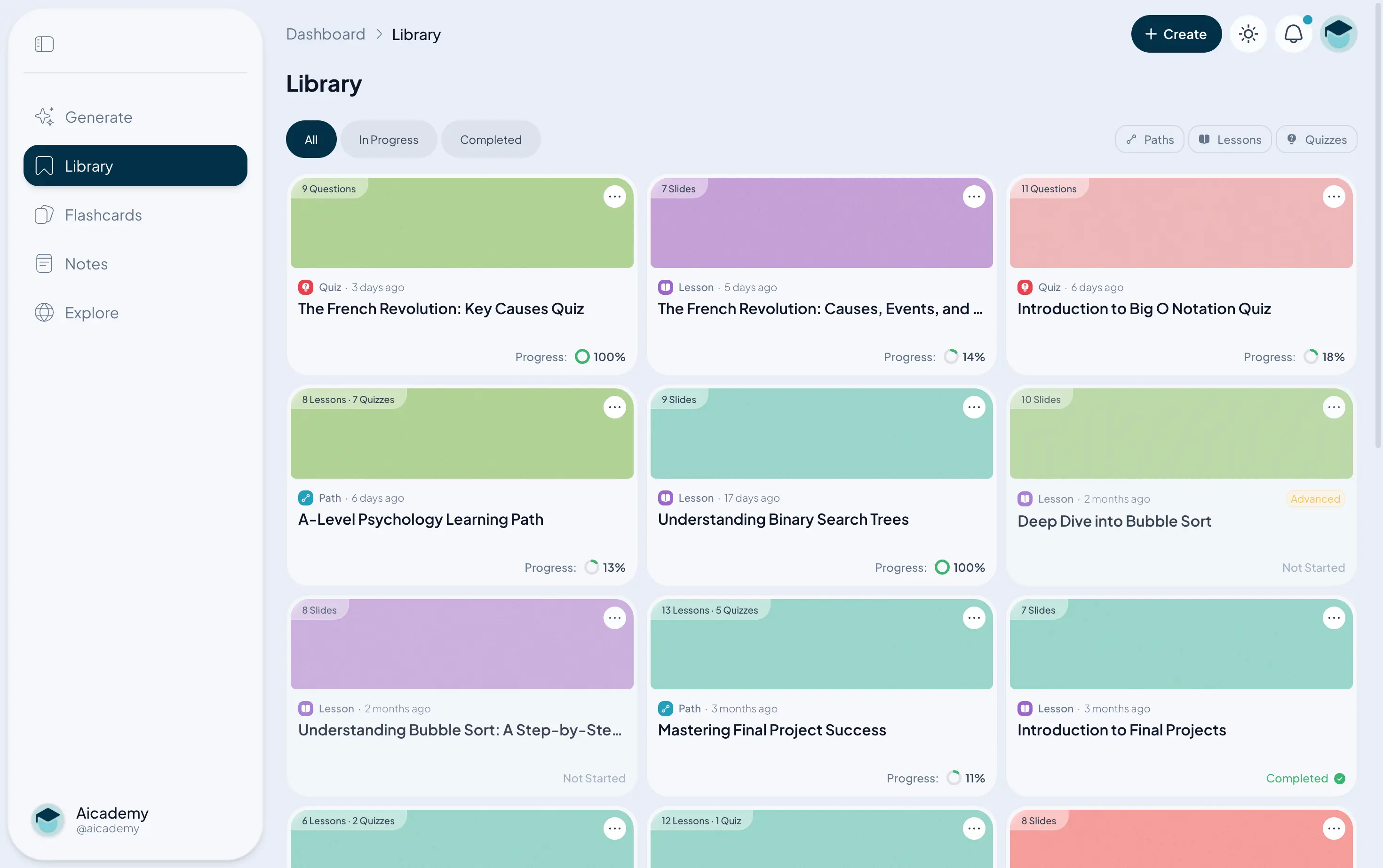 An Aicademy study library of A-level lessons, quizzes and a learning path