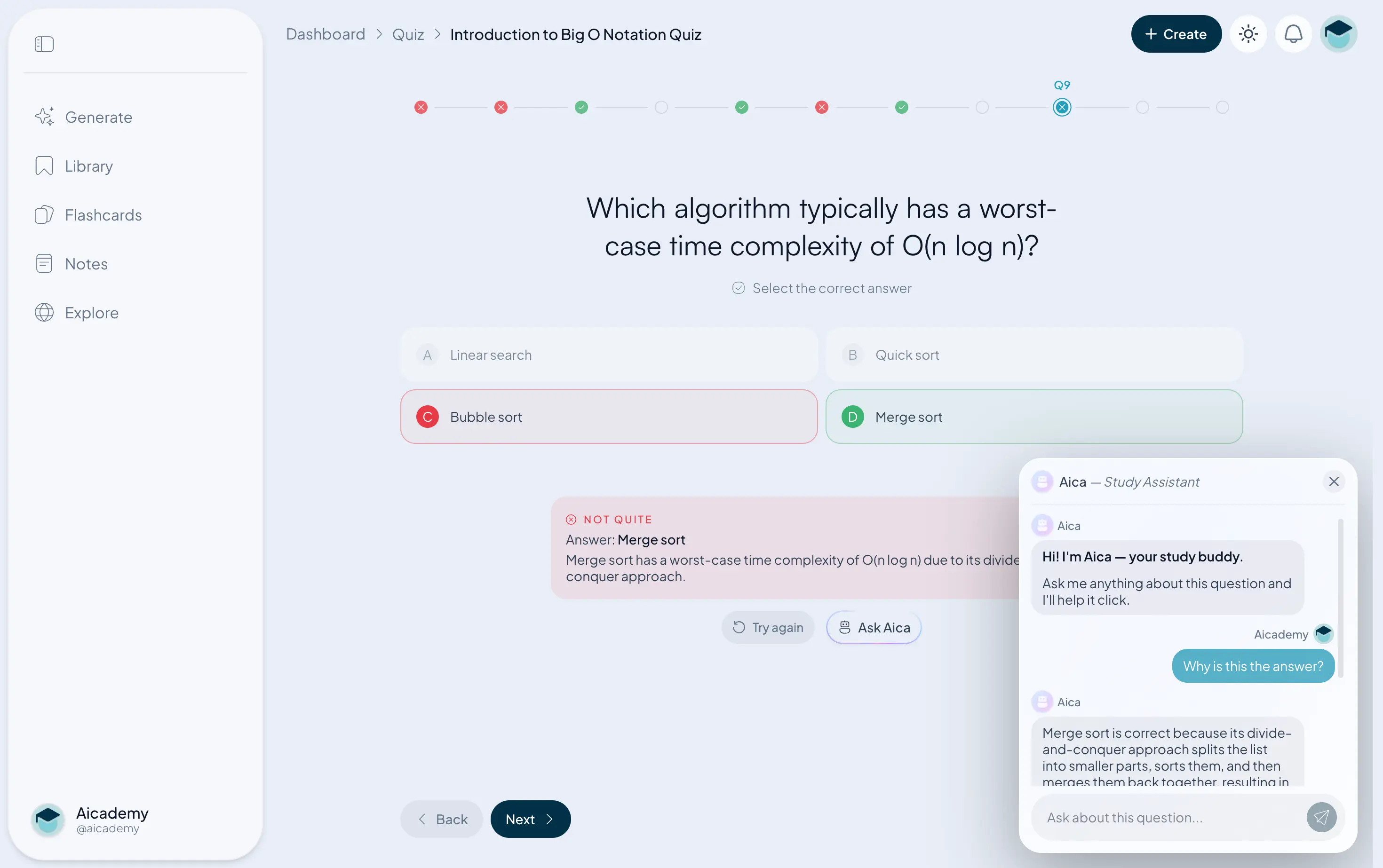 An Aicademy quiz marking an answer, with the Aica tutor explaining why in a side panel