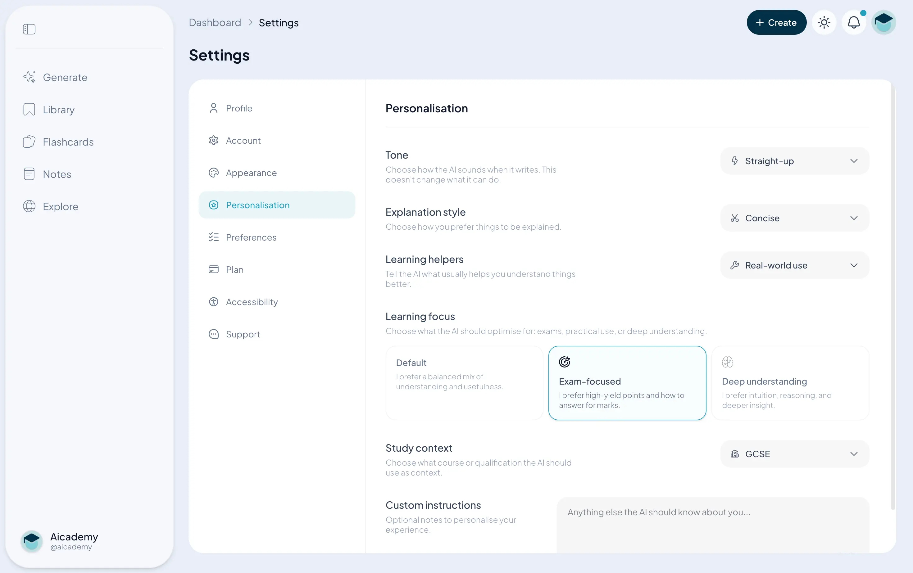 Aicademy's personalisation settings, where you set your level and how lessons are explained