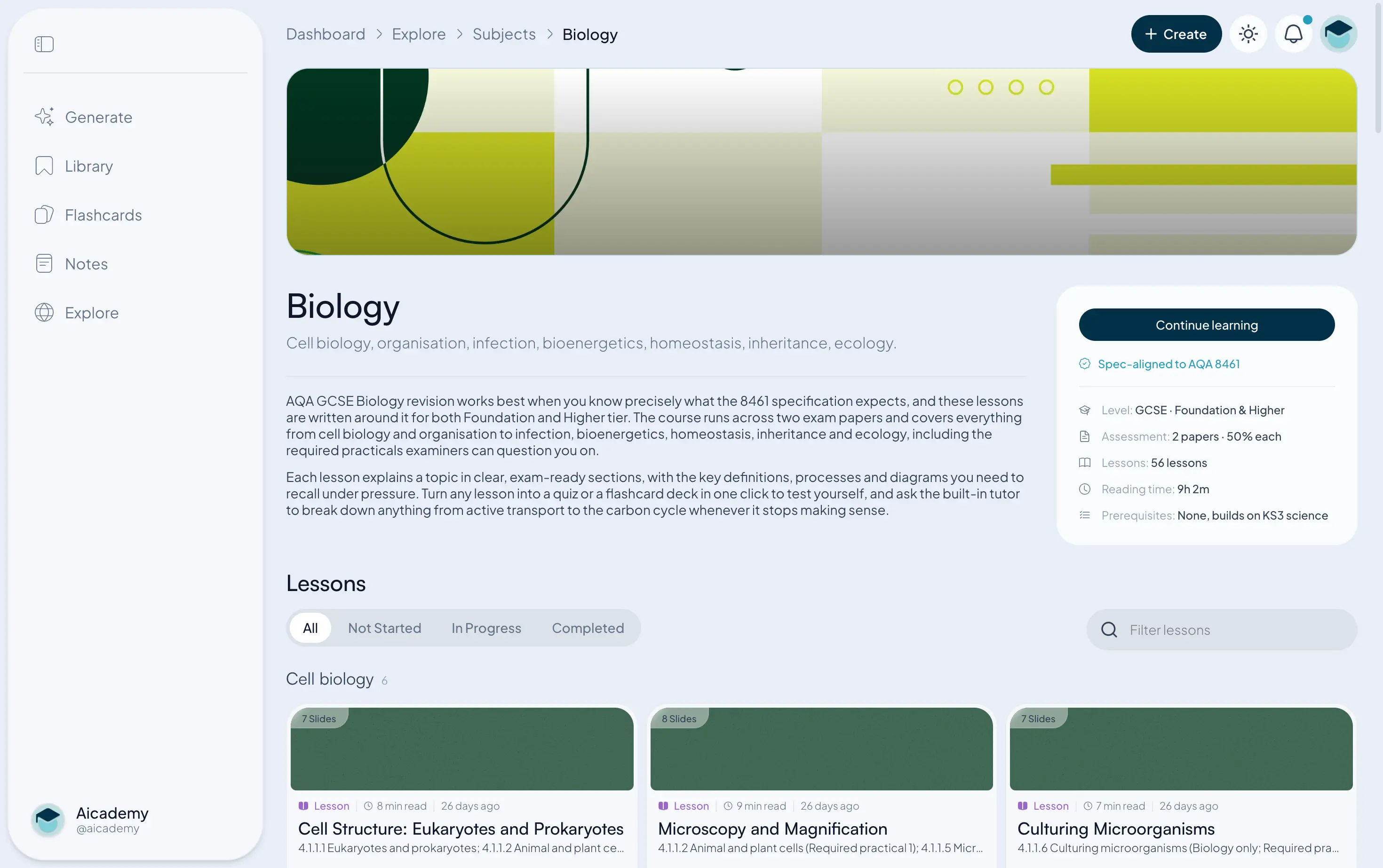 Aicademy's AQA GCSE Biology subject page, showing exam-board-aligned lessons