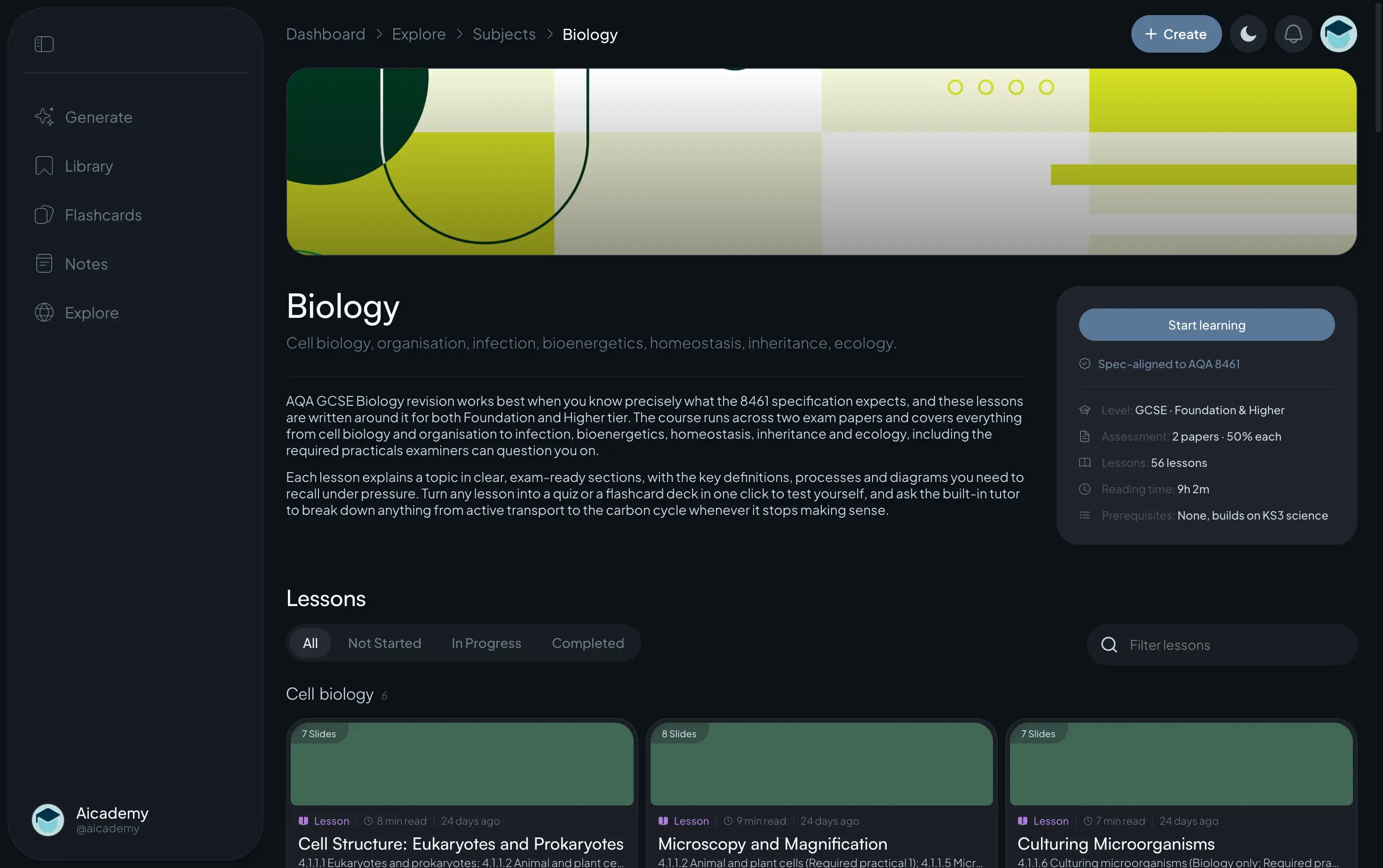 Aicademy's GCSE Biology subject page, spec-aligned to AQA 8461