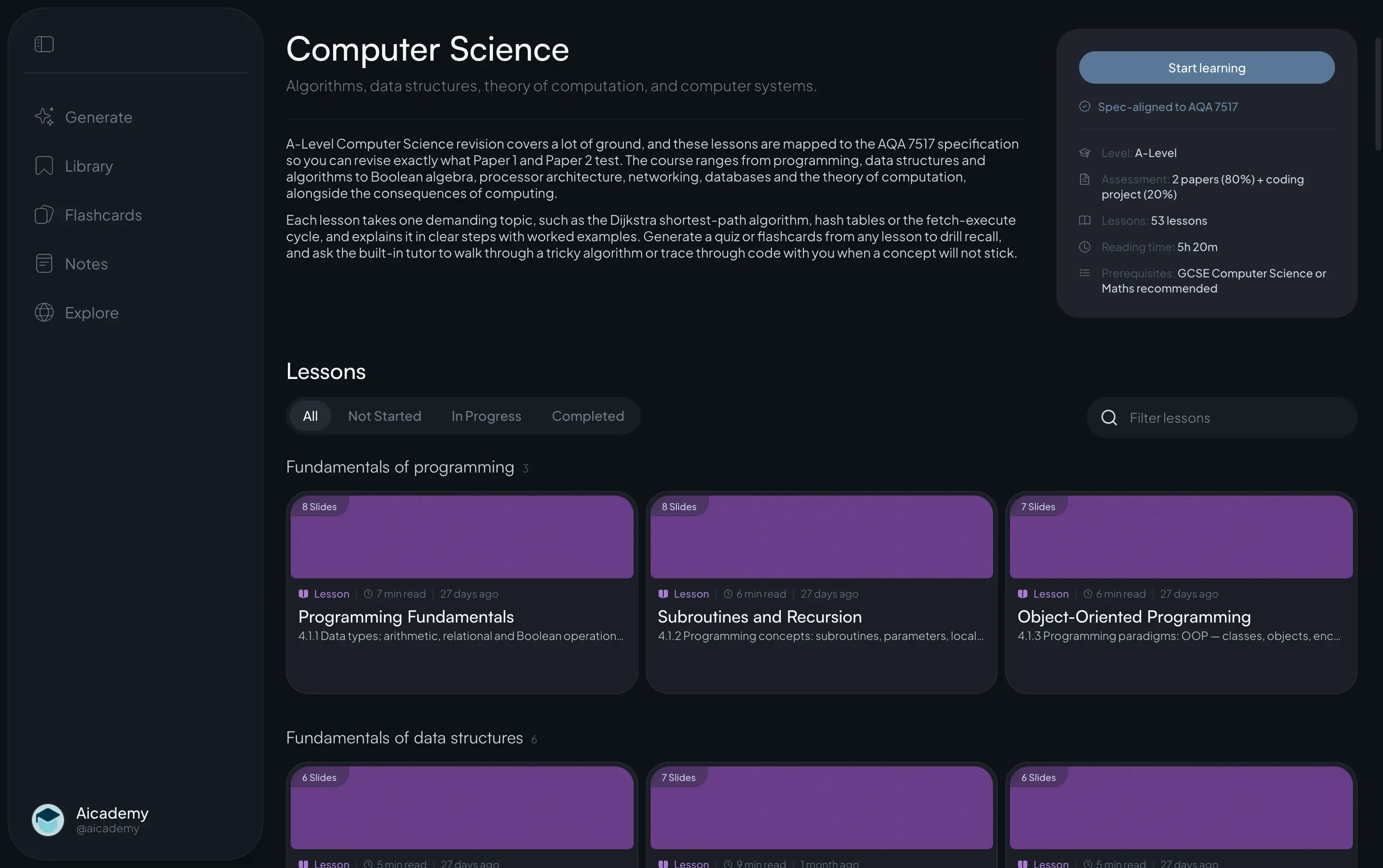 Aicademy's A-level Computer Science subject page, spec-aligned to AQA 7517