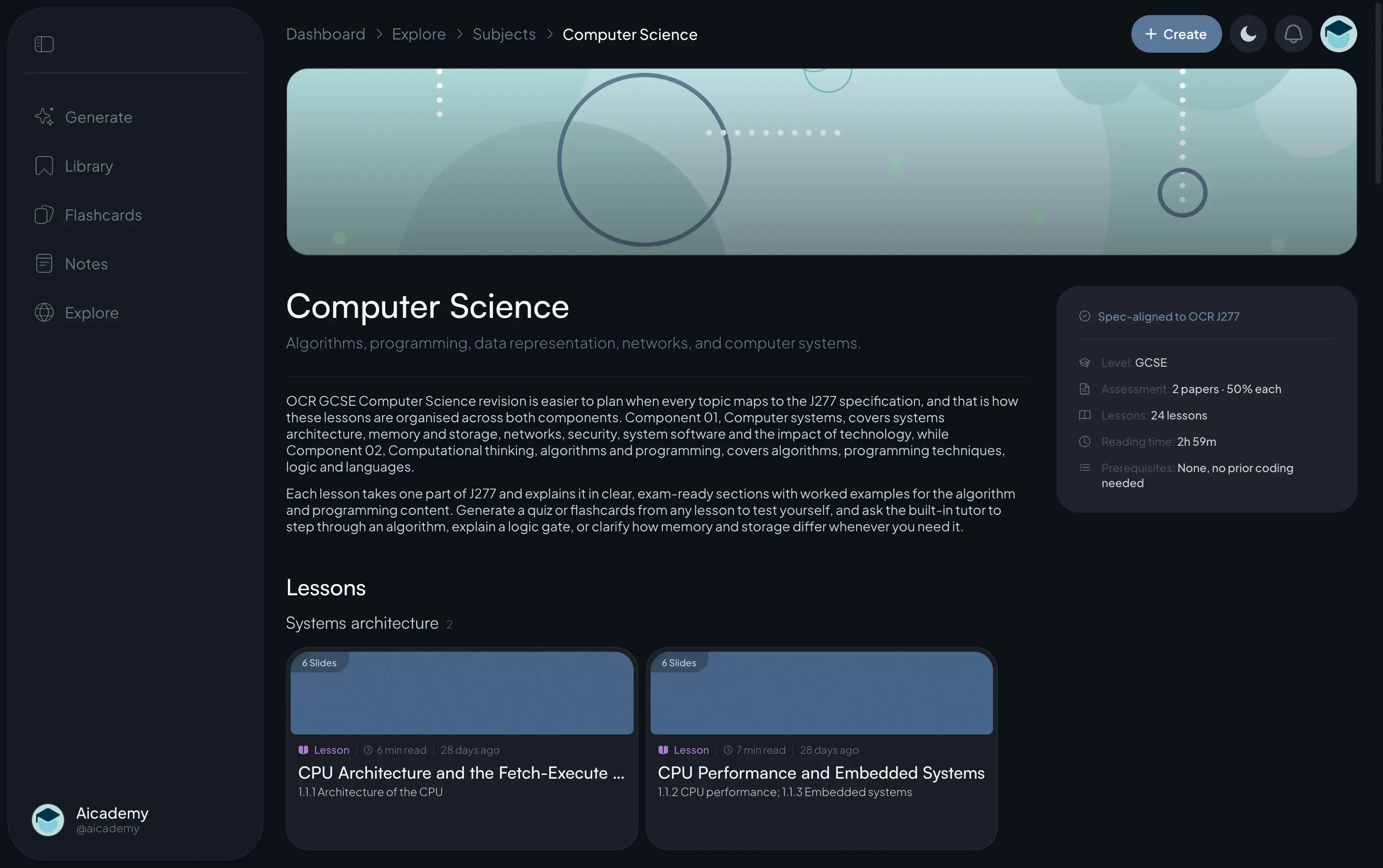 Aicademy's GCSE Computer Science subject page, spec-aligned to OCR J277