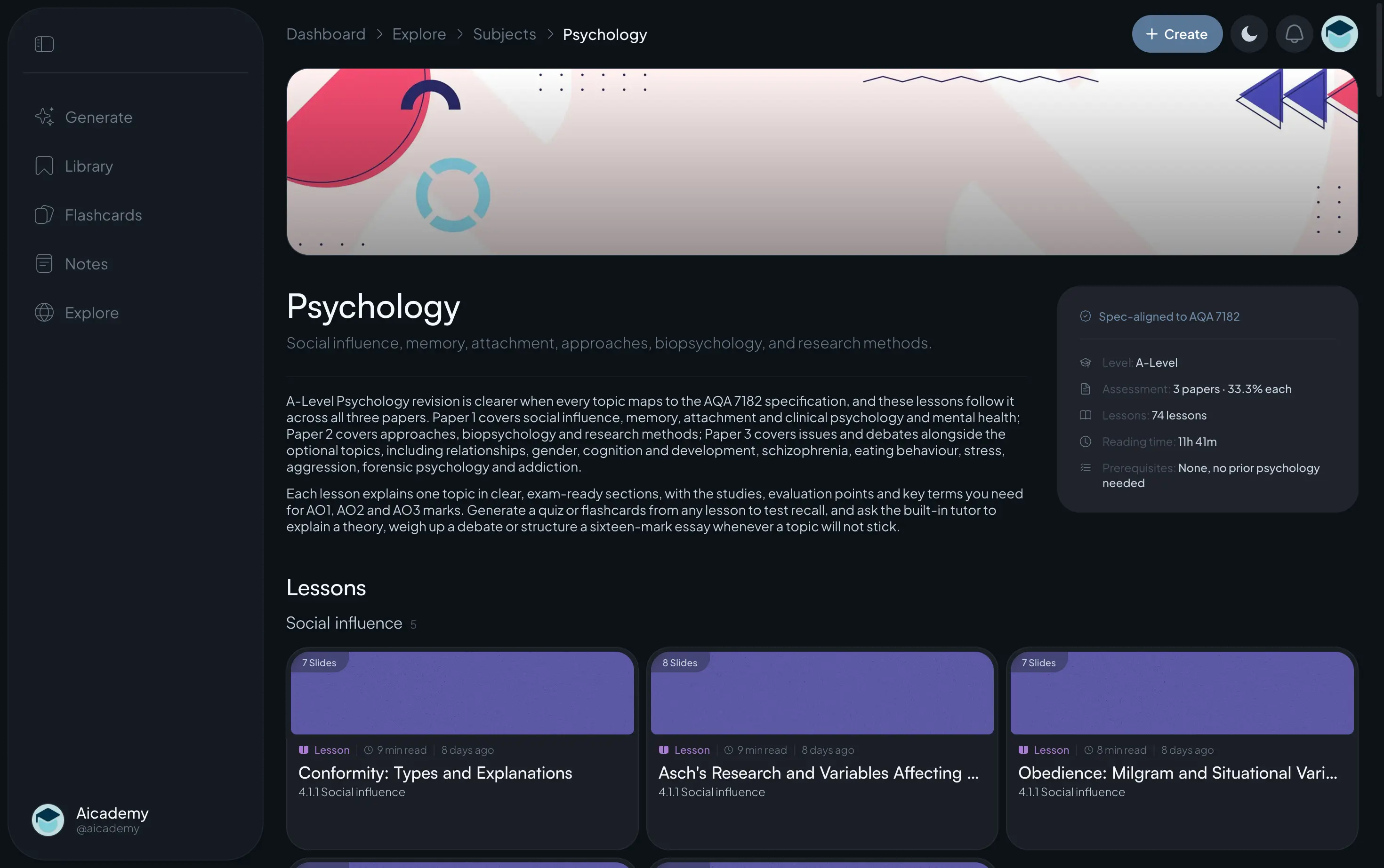 Aicademy's AQA A-level Psychology subject page with free, exam-board-aligned lessons