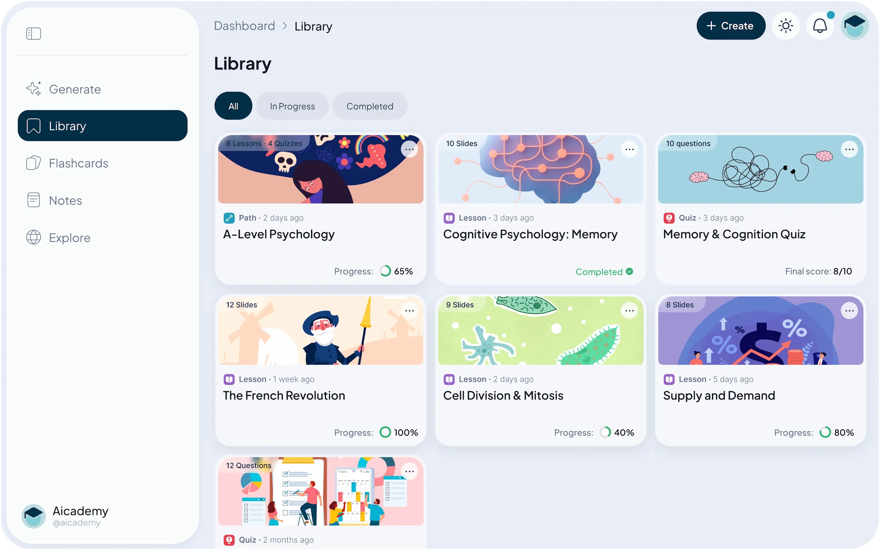 Aicademy dashboard showing a saved lesson library with multiple subjects