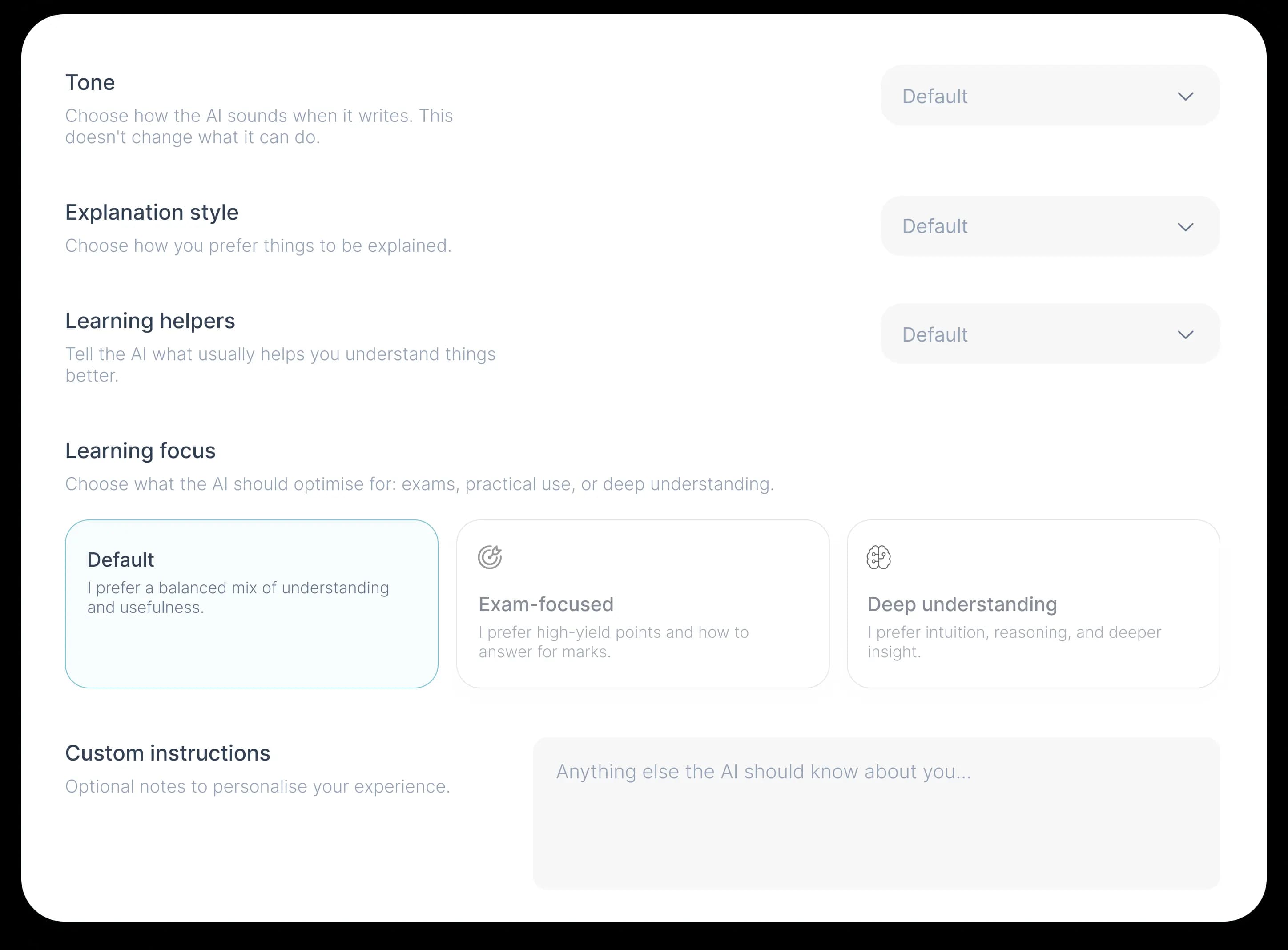 Aicademy personalisation settings for explanation style, tone and level