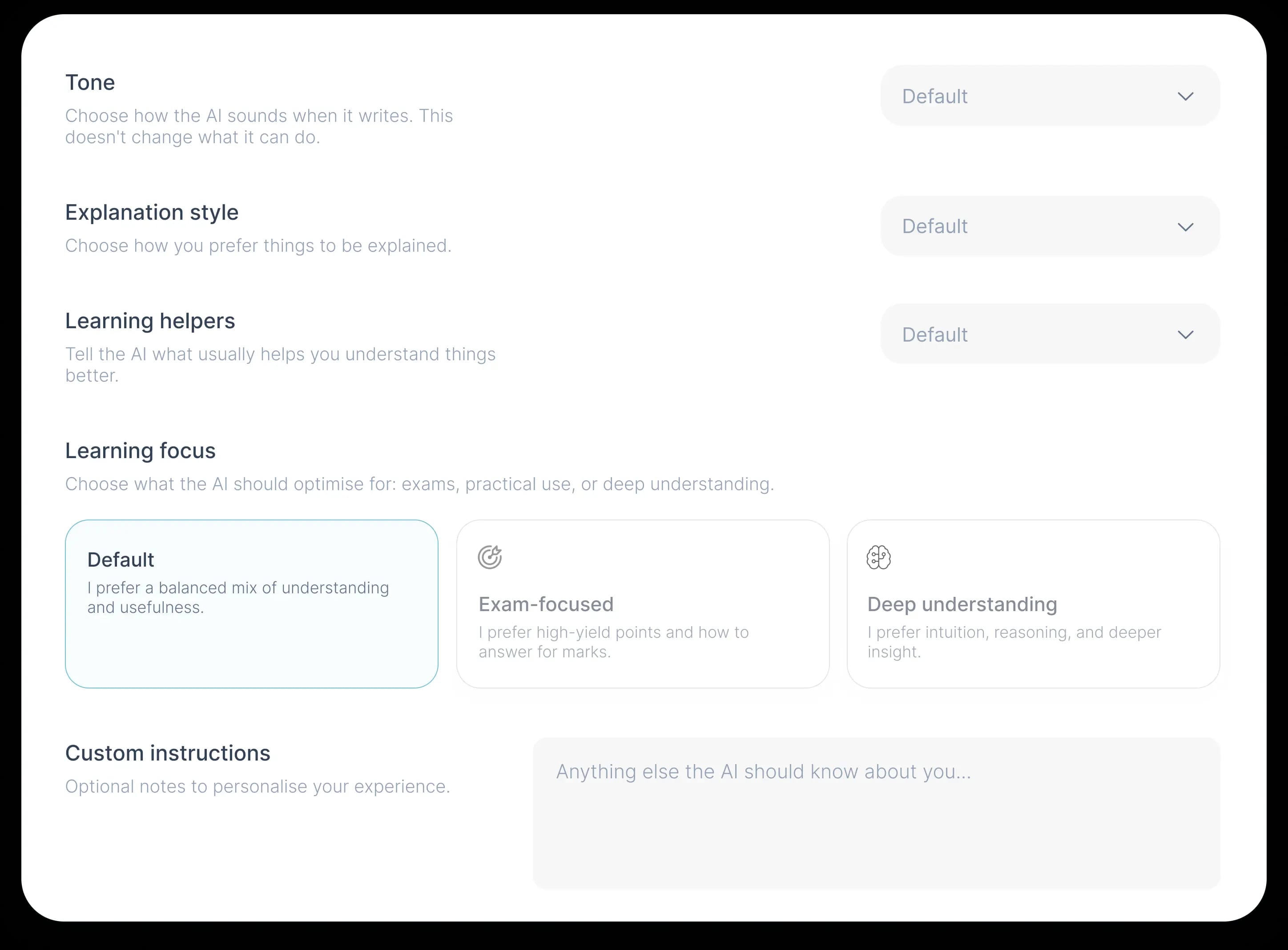 Aicademy personalisation settings for explanation style and learning tone